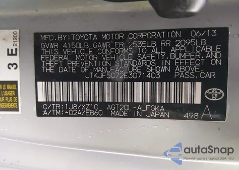 2014 Scion Tc 10 Series из США, поврежденный, VIN JTKJF5C72E3071403